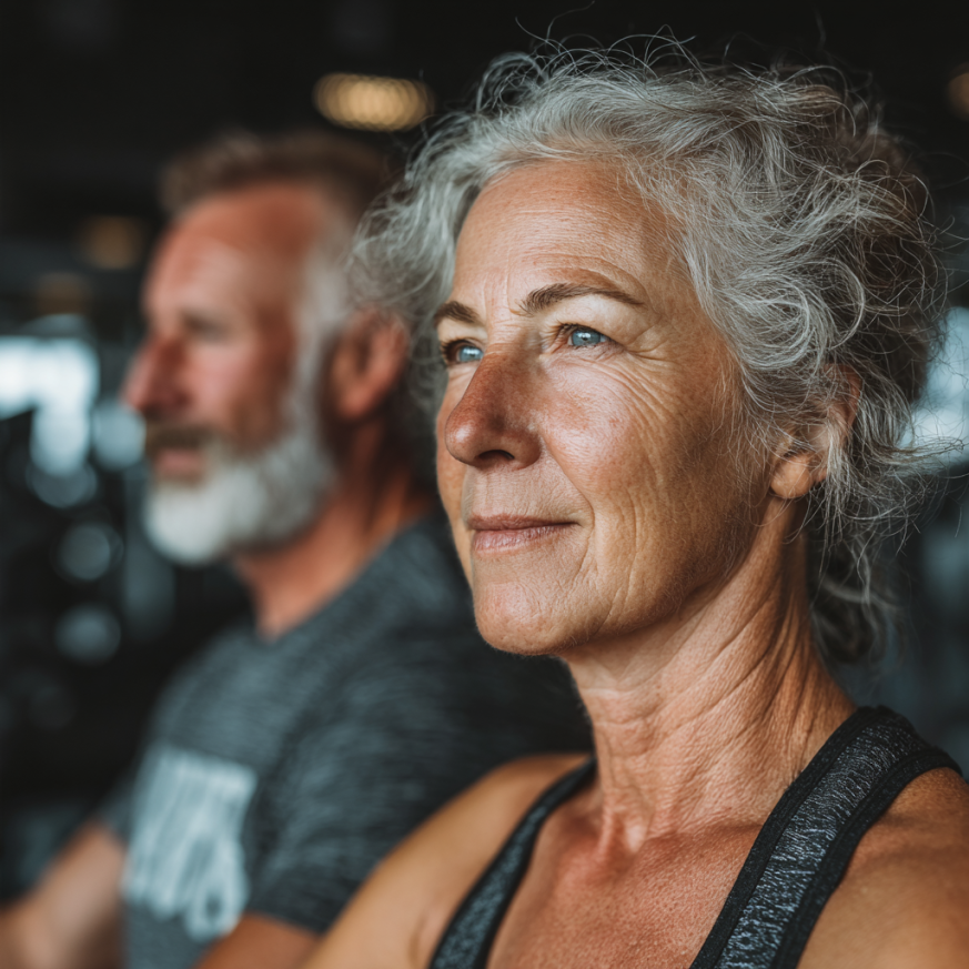 Професионален треньор работи с възрастна жена в спортна зала